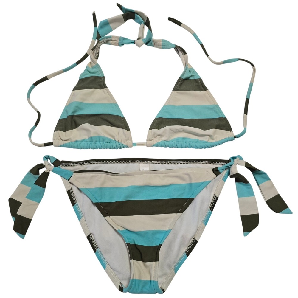 Arizona Women Size L String Bikini Green Aqua Cream Striped Halter 2 Piece Set